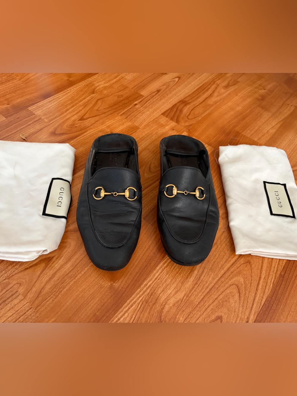 Gucci Brixton Black Leather Loafers with Gold Horsebit
